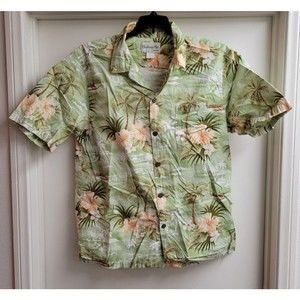 BISHOP St Vintage Cotton Made in Hawaii Hawaiian Shirt Green Men's Size L Trees